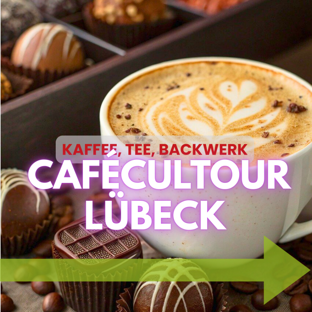 Wegweiser mit Link zu den Geheimtipps für Café, Tee und Feingebäck in Lübeck. Auf dem Foto ein Café Crema, Pralinen und Baristakunst