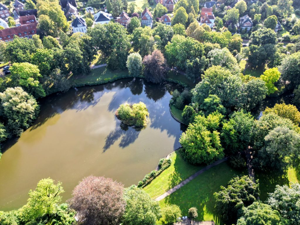 Luftbild zeigt Lübecker Stadtpark mit großem Teich, Insel, Uferwegen, viele verschiedene Bäume mit verschiedenen Farben, grüne Rasenflächen, über dem Stadtpark aufgenommen